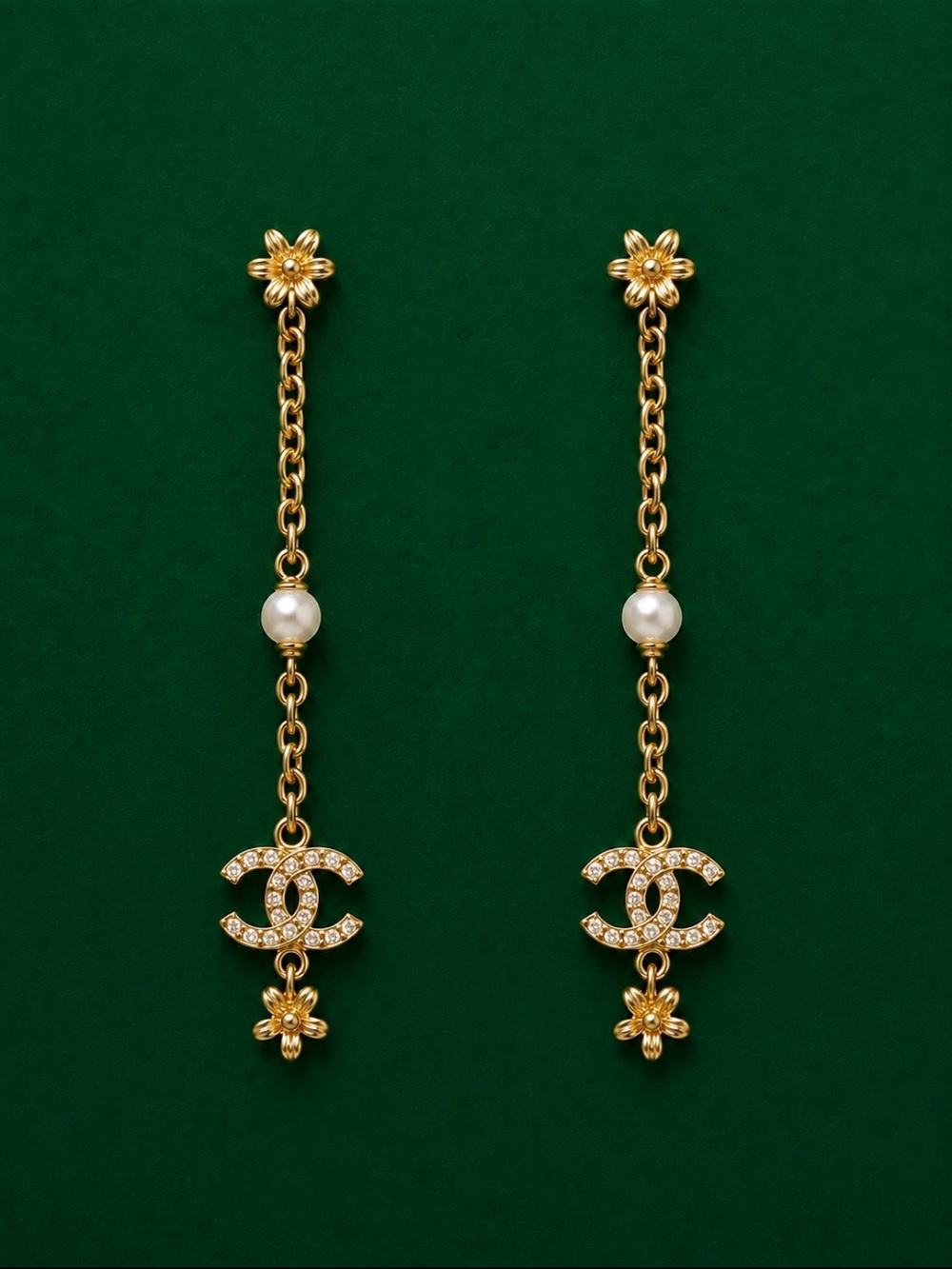🔥 CHANEL Pearl Crystal CC Flower Chain Long Drop Earrings